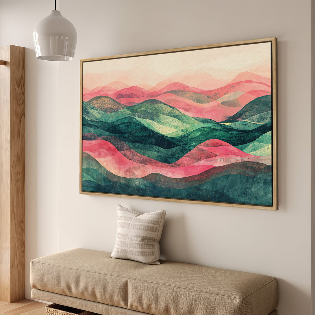 Framed Wall Art: Abstract landscape Canvas Print with pink, green, and teal hues. Modern art for your home decor, adding a touch of serenity.