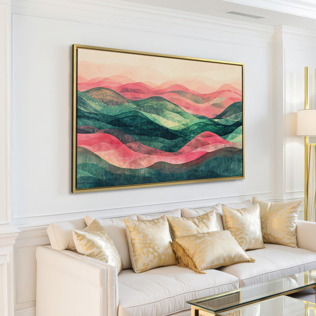 Canvas Print of abstract landscape art in pink and green tones, adding a modern touch to a living room.