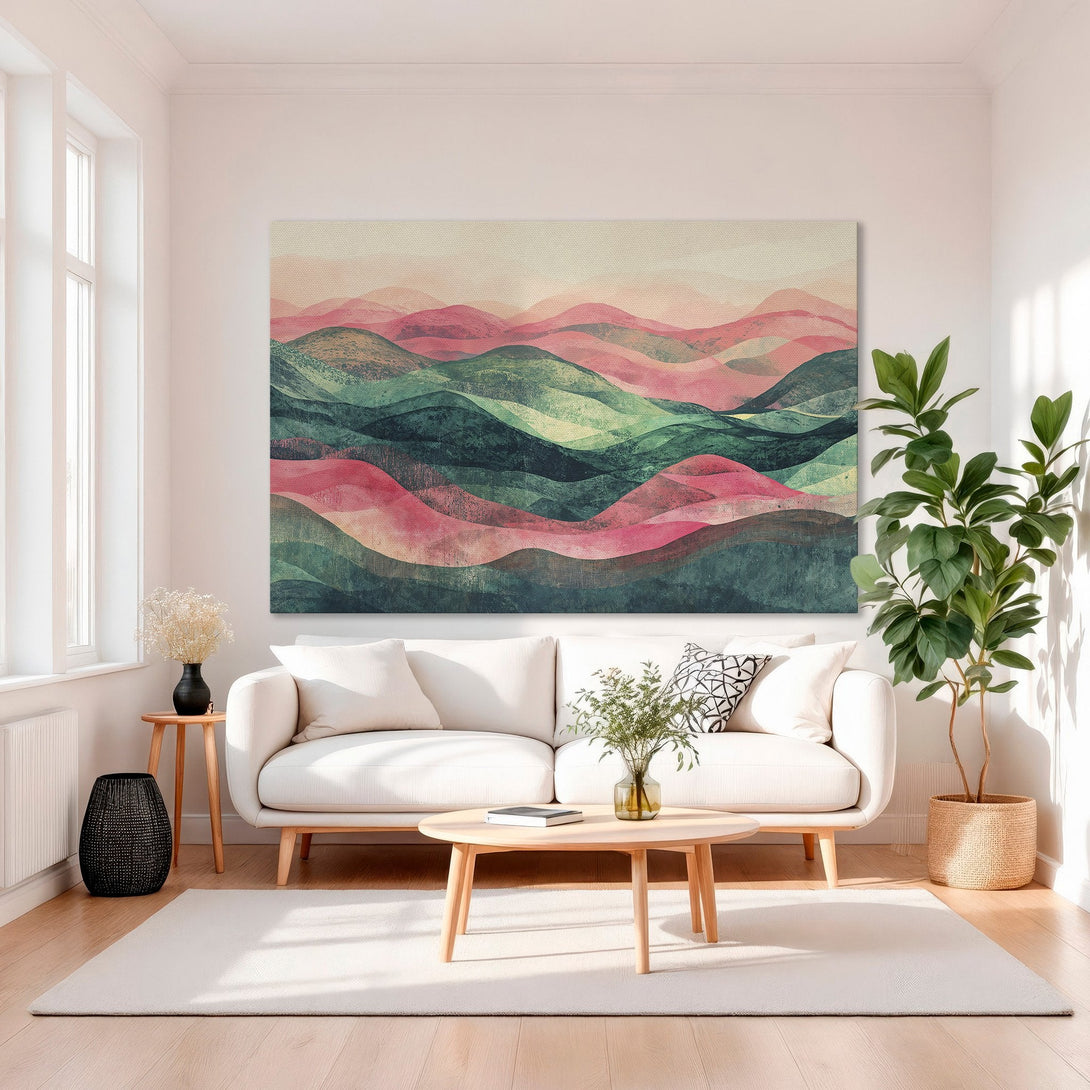 Framed Wall Art: Abstract landscape Canvas Print in pink, green, and gold. Modern art decor for living room, bedroom, or office. Shop now!