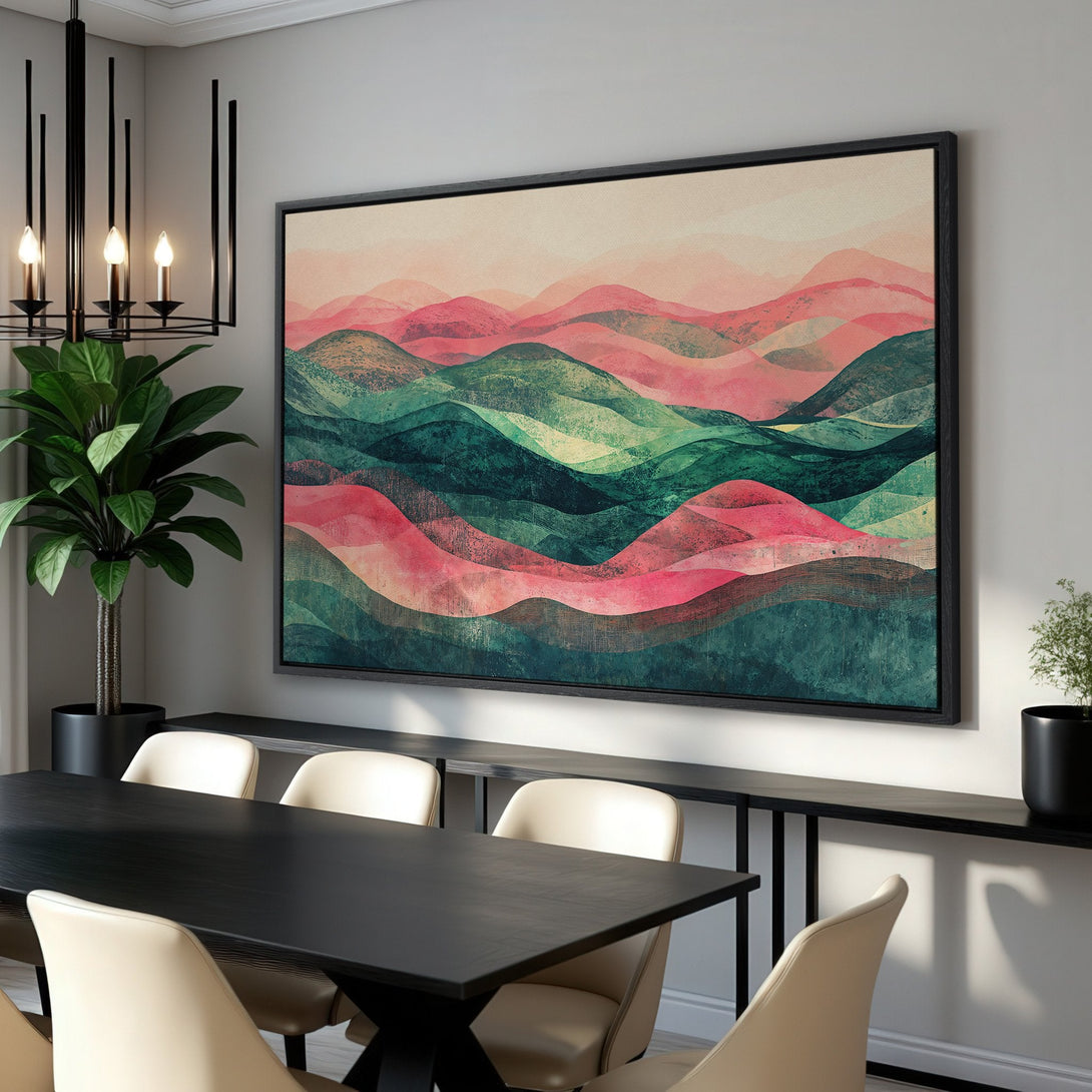 Framed Wall Art featuring abstract mountain landscape in pink, green, and teal hues. Modern canvas print adds a pop of color to any interior.