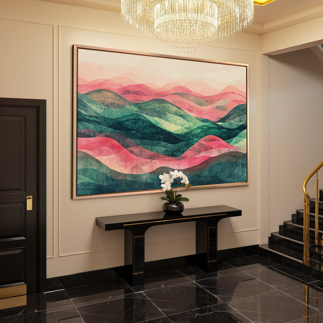 Framed Wall Art: Abstract landscape Canvas Print with pink & green hues. Elevate your space with this modern art piece.
