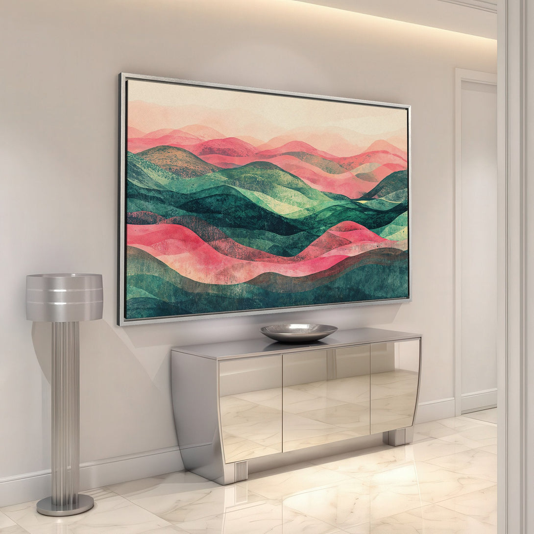 Framed Wall Art: Abstract landscape Canvas Print in teal, pink, and peach. Modern art for home decor. Enhance your space with stylish wall art!