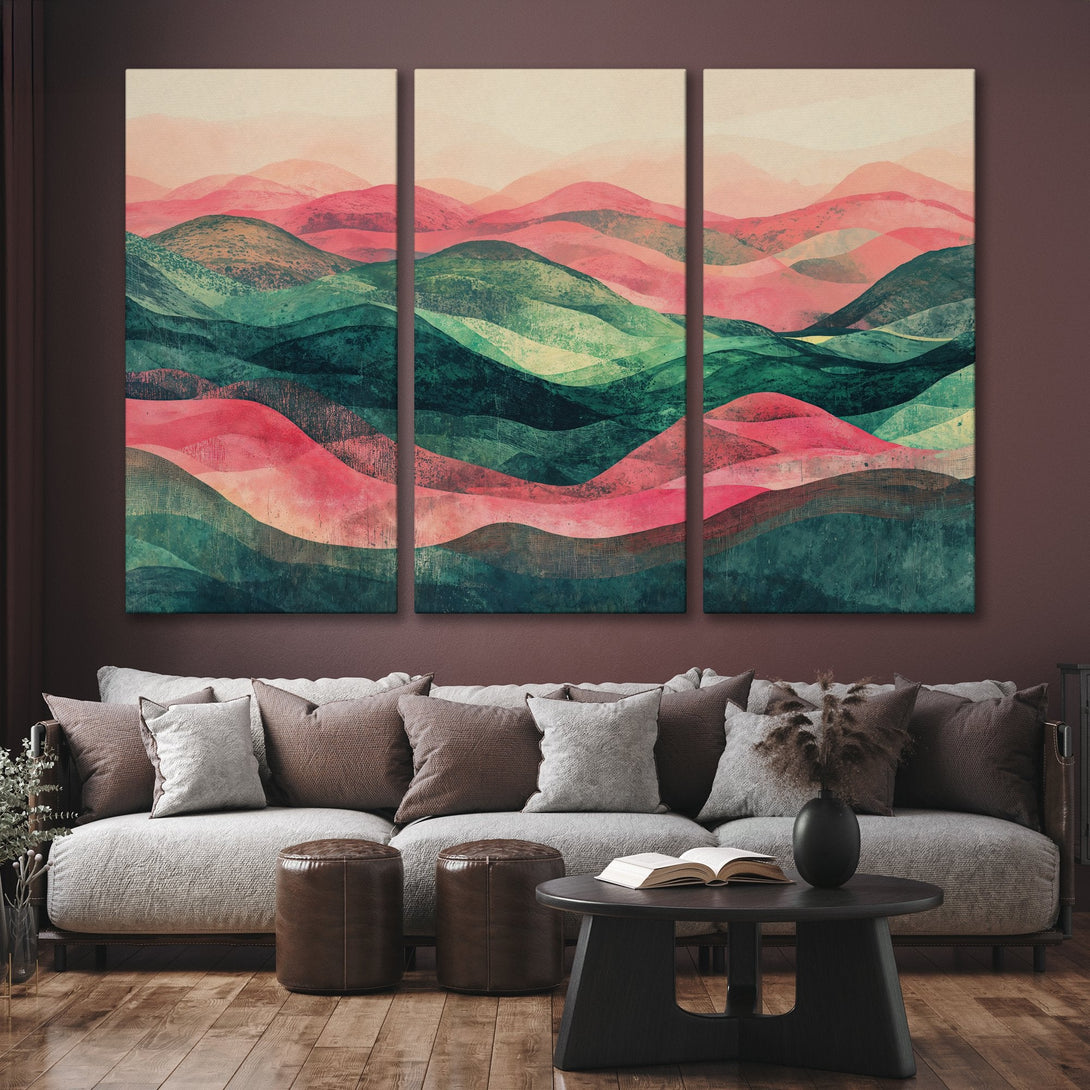 Abstract Canvas Print of layered mountains in pink and green hues. Modern art for home decor.