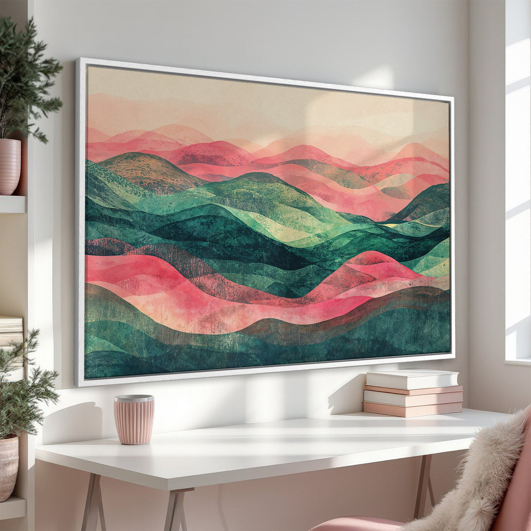 Framed Wall Art featuring an abstract landscape in a watercolor style with a pink and teal color palette. Perfect for adding a touch of art to any space.