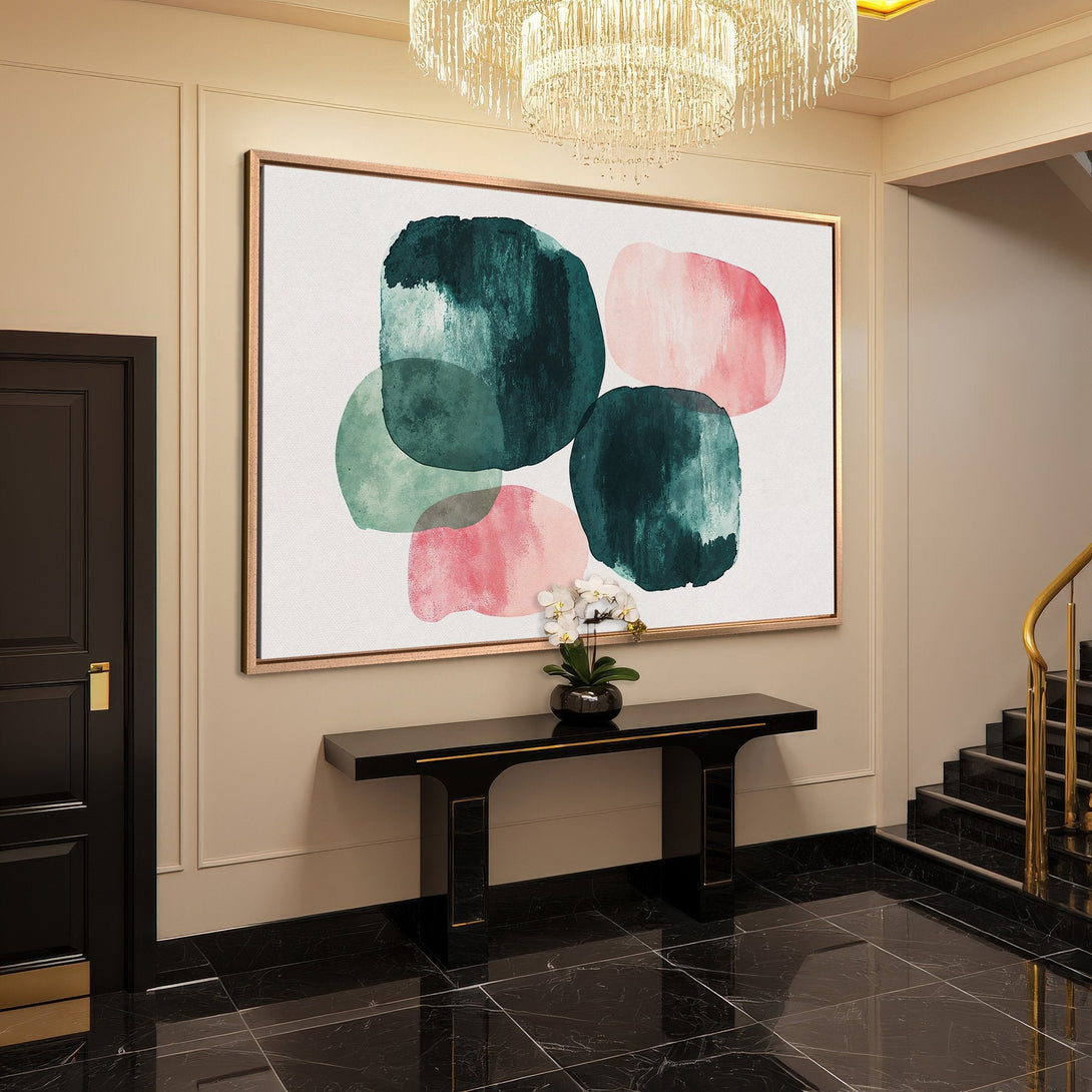 Framed Wall Art: Abstract watercolor design in teal and pink. Modern canvas print adds a pop of color to any space. Shop now!