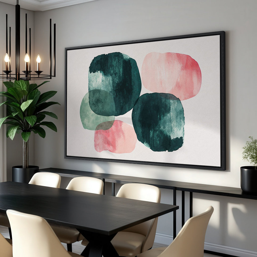 Framed Wall Art featuring an abstract watercolor design with green and pink shapes. Modern art canvas print perfect for dining room decor.