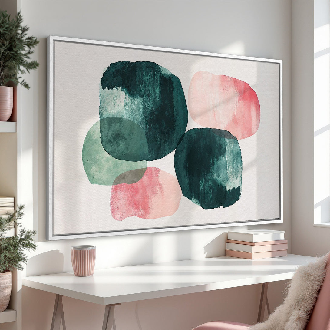 Framed Wall Art: Abstract watercolor shapes in teal, green, and pink. Modern canvas print adds a pop of color to any interior. Shop now!
