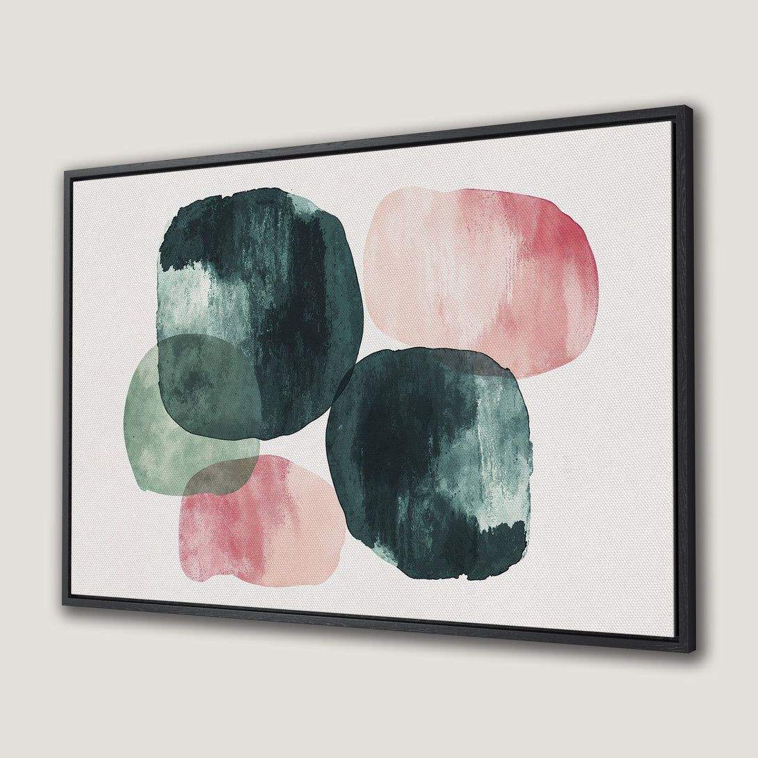 Framed Wall Art featuring abstract watercolor shapes in teal, green, and blush pink. Modern art Canvas Print perfect for any space.