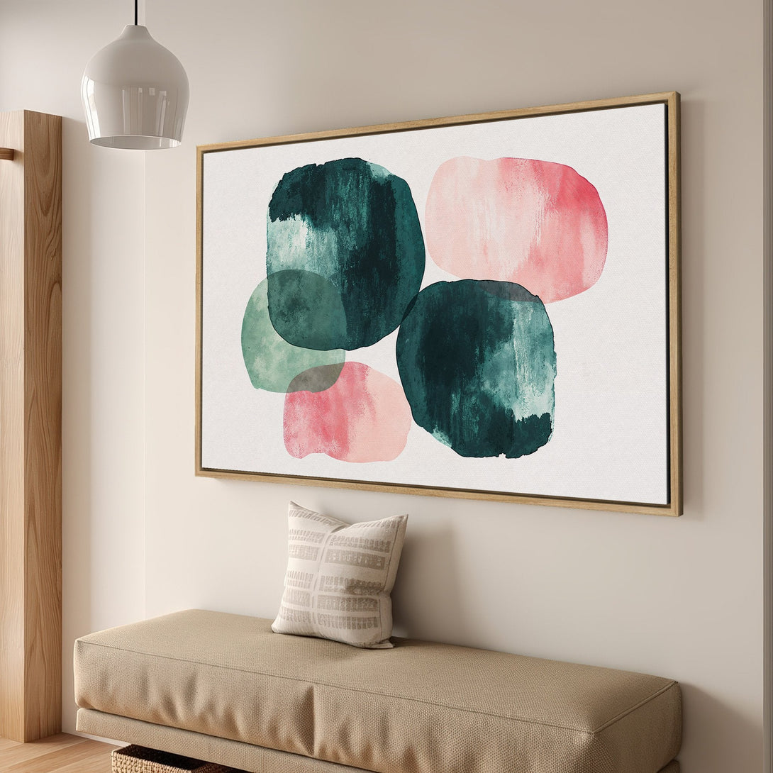 Framed Wall Art: Abstract watercolor Canvas Print in teal and pink. Modern art for home decor, adds a pop of color and style to any space.