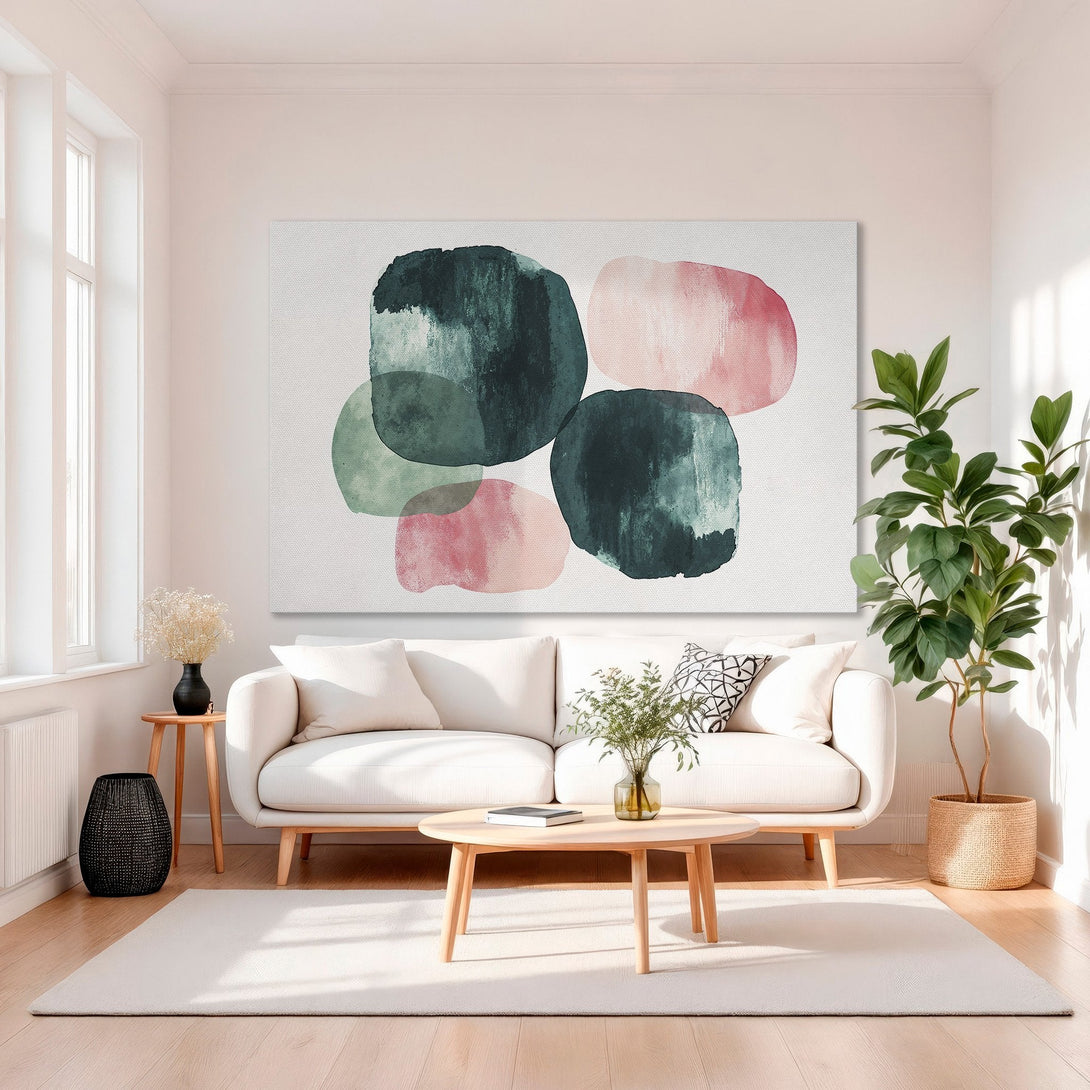 Framed Wall Art Canvas Print featuring abstract watercolor shapes in teal and pink. Modern art for living room decor.