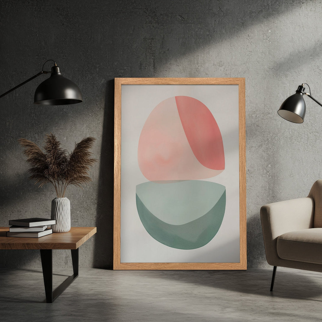 Framed Poster featuring abstract geometric art in a soft pink and green color palette. Modern wall art for your home decor.