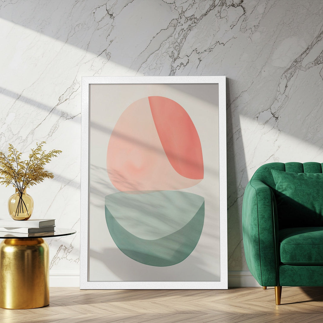 Framed Poster with abstract geometric art in pastel pink and green. Modern style, perfect for home decor.