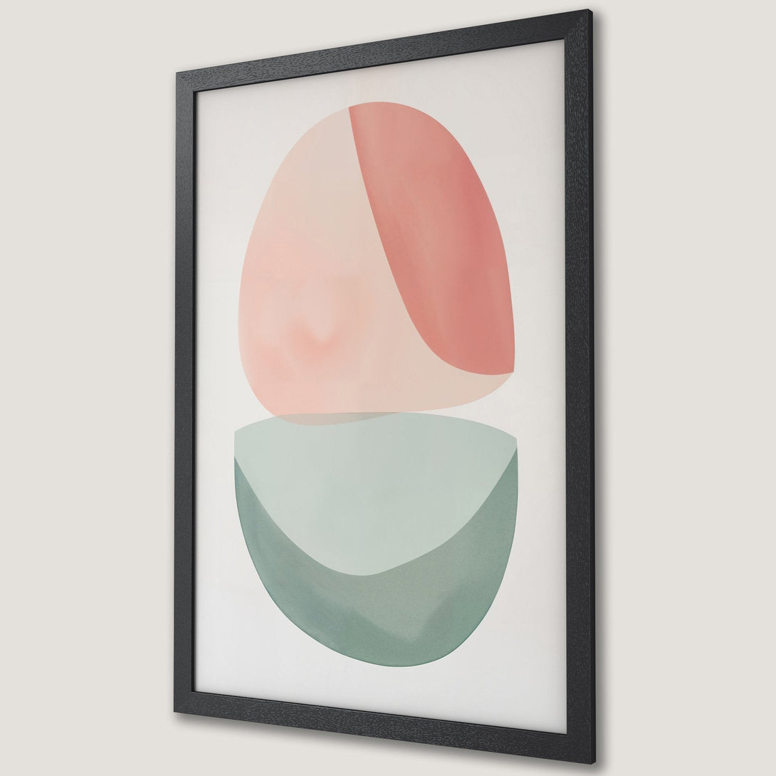Framed Poster featuring an abstract geometric design in pink, green, and white, perfect for modern home decor.