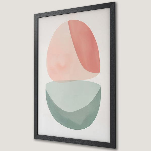 Framed Poster featuring an abstract geometric design in pink, green, and white, perfect for modern home decor.