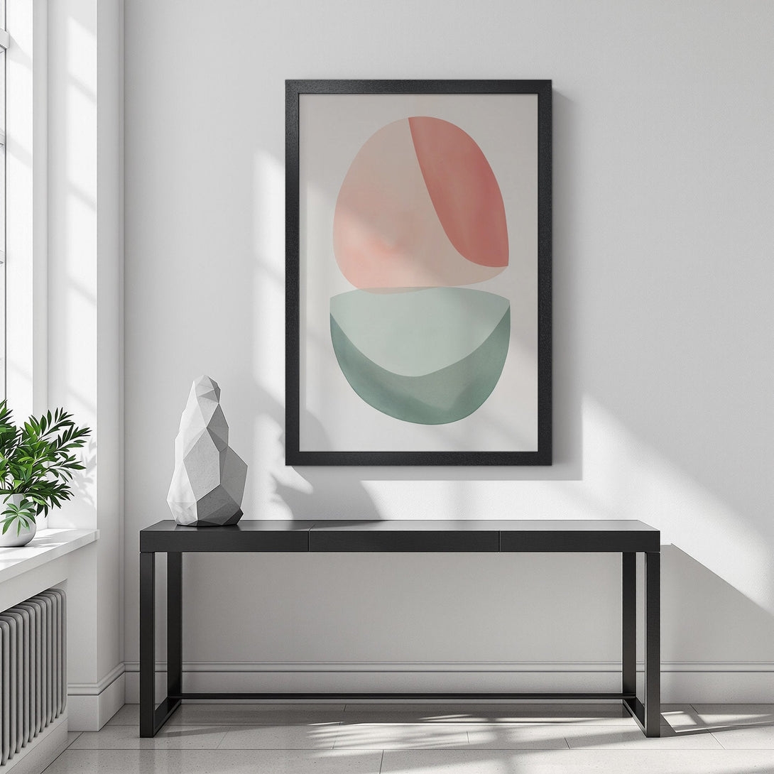 Framed Poster featuring abstract shapes in blush pink and muted green, modern art for home decor.