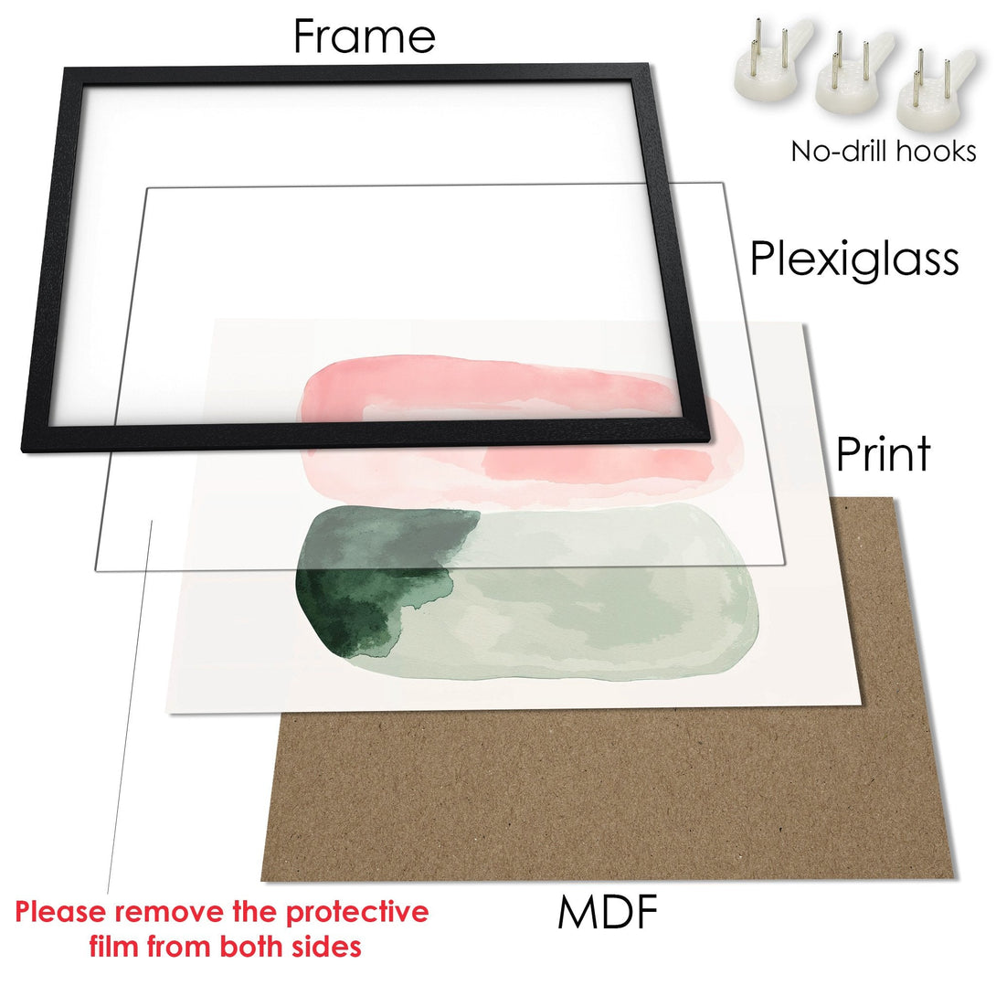 Framed Poster featuring abstract watercolor art in pink and green hues. Modern wall decor for any space.