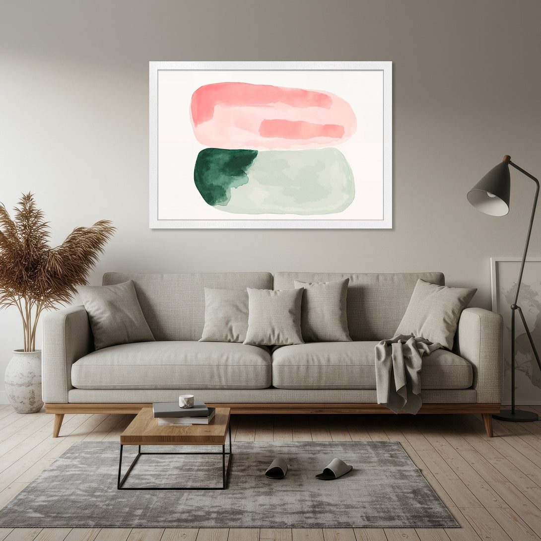 Framed Poster featuring abstract watercolor art in pink, green, and neutral tones. Modern wall art for a stylish living room.