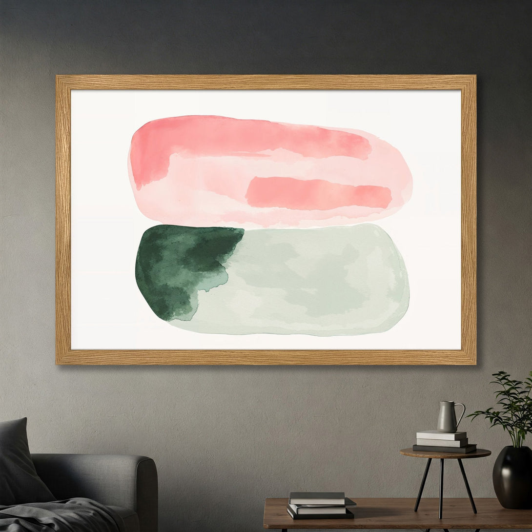 Framed Poster featuring abstract watercolor art in pink, green, and neutral tones. Modern wall art for home decor.