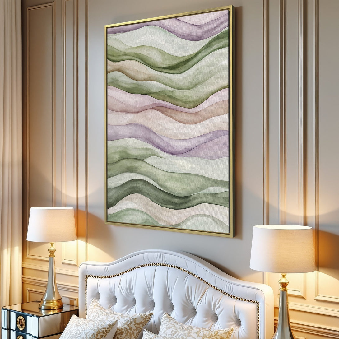 Canvas Print featuring abstract watercolor waves in calming green, purple, and beige hues. Perfect for adding a touch of serenity to any space.