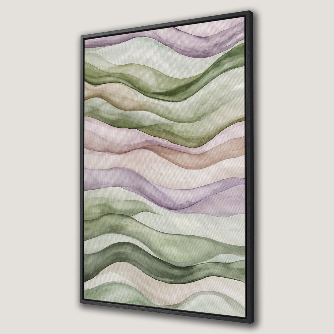 Framed Wall Art featuring watercolor abstract landscape in soft green, purple, and neutral tones. Modern Canvas Print for a calming interior.