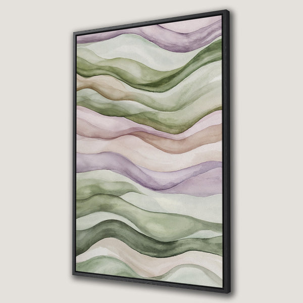 Framed Wall Art featuring watercolor abstract landscape in soft green, purple, and neutral tones. Modern Canvas Print for a calming interior.