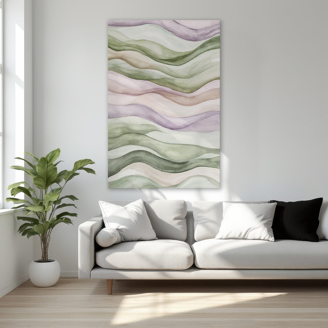 Framed Wall Art: Abstract watercolor landscape in muted greens, purples, and beige. Elegant decor for bedroom or living room. Shop our Canvas Print collection!