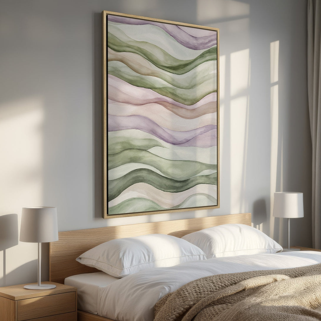 Framed Wall Art featuring an abstract watercolor landscape in calming green, purple, and neutral tones. Perfect for bedroom decor!