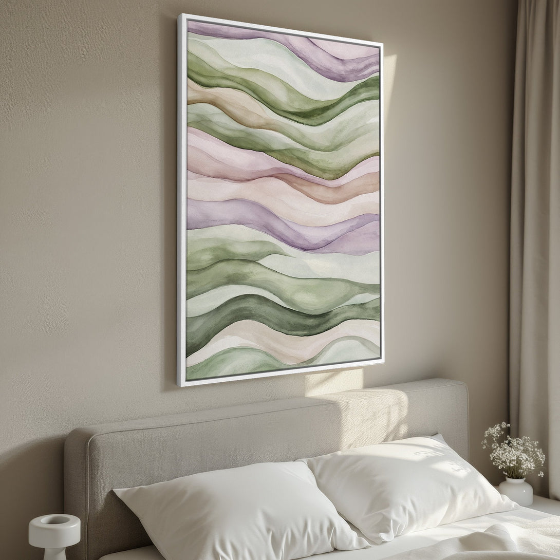 Framed Wall Art featuring abstract watercolor waves in calming green, purple, and neutral tones. Perfect for adding a touch of serenity to your bedroom decor.