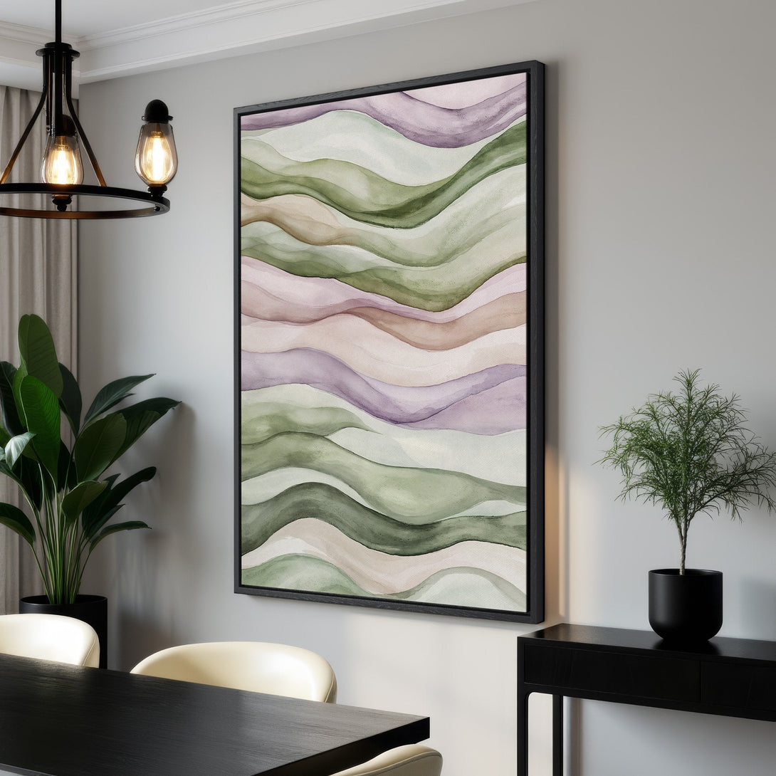 Framed Wall Art: Abstract watercolor landscape in muted green, purple, and beige tones. Modern art for your home decor.