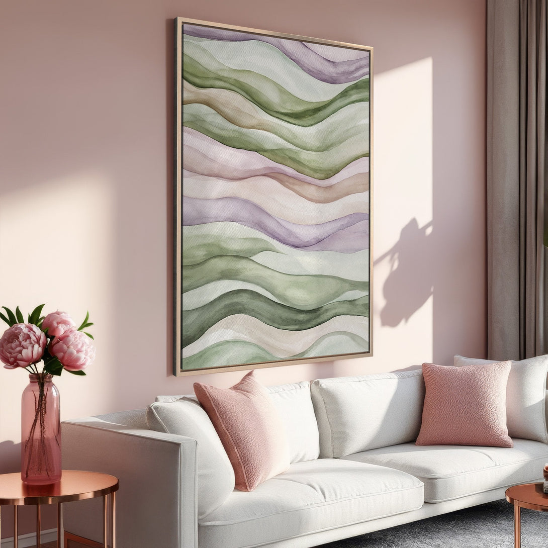 Framed Wall Art featuring abstract watercolor waves in green, purple, and beige. Perfect for adding a touch of modern elegance to your home decor.