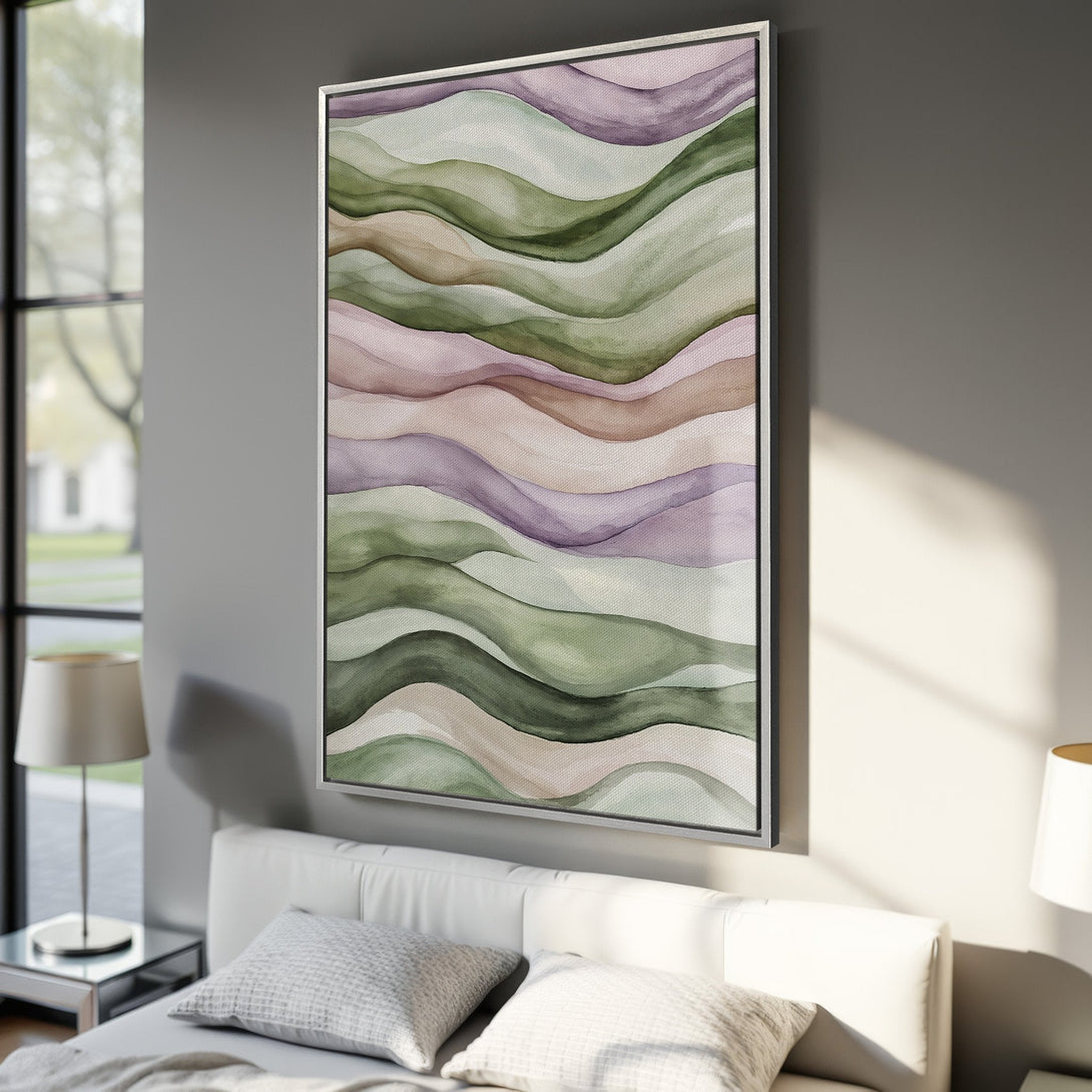 Framed Wall Art featuring abstract watercolor waves in green, purple, and neutral tones. Perfect for adding a touch of modern art to your bedroom decor.