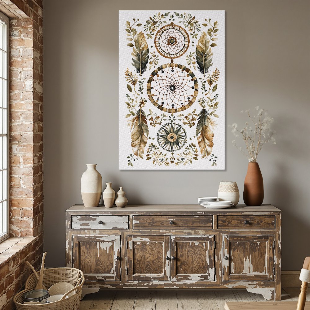Framed Wall Art: Dreamcatcher design in warm earth tones, perfect for boho home decor. Add a touch of nature to your space!