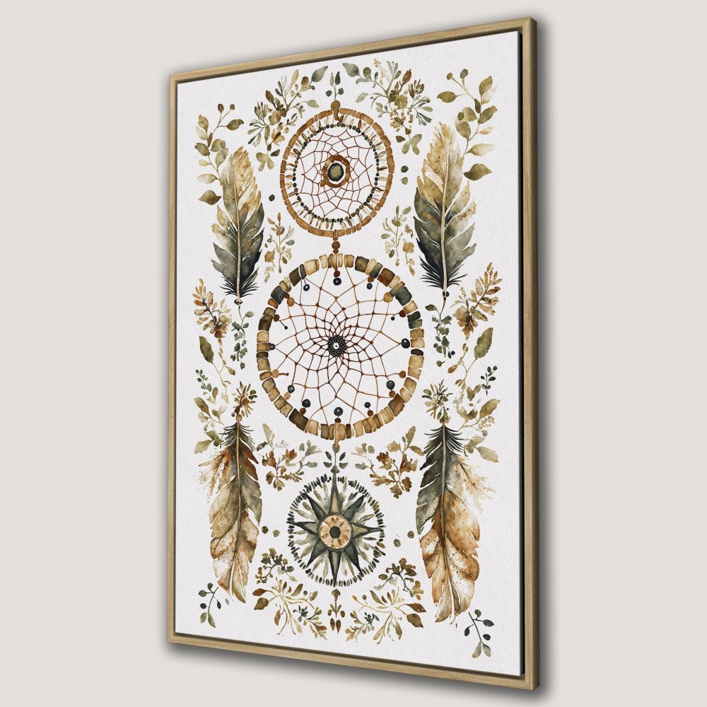 Framed Wall Art featuring a watercolor dreamcatcher design. Boho style art in earthy tones of brown, green, and beige. Perfect for adding a touch of nature.