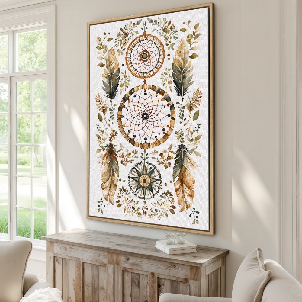 Canvas Print featuring a watercolor dreamcatcher design in earthy tones. Perfect bohemian wall art for your home!