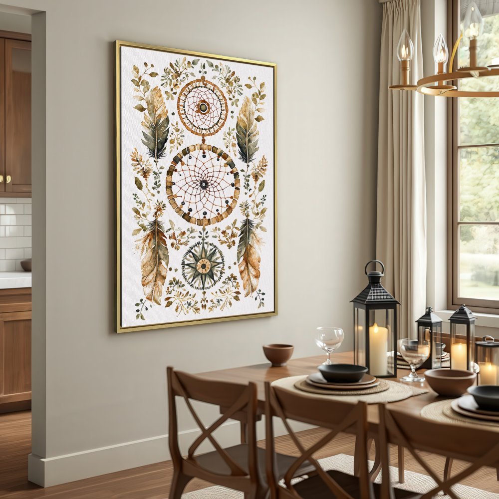 Canvas Print featuring a watercolor dreamcatcher design in earthy tones. Boho style wall art for a cozy interior.