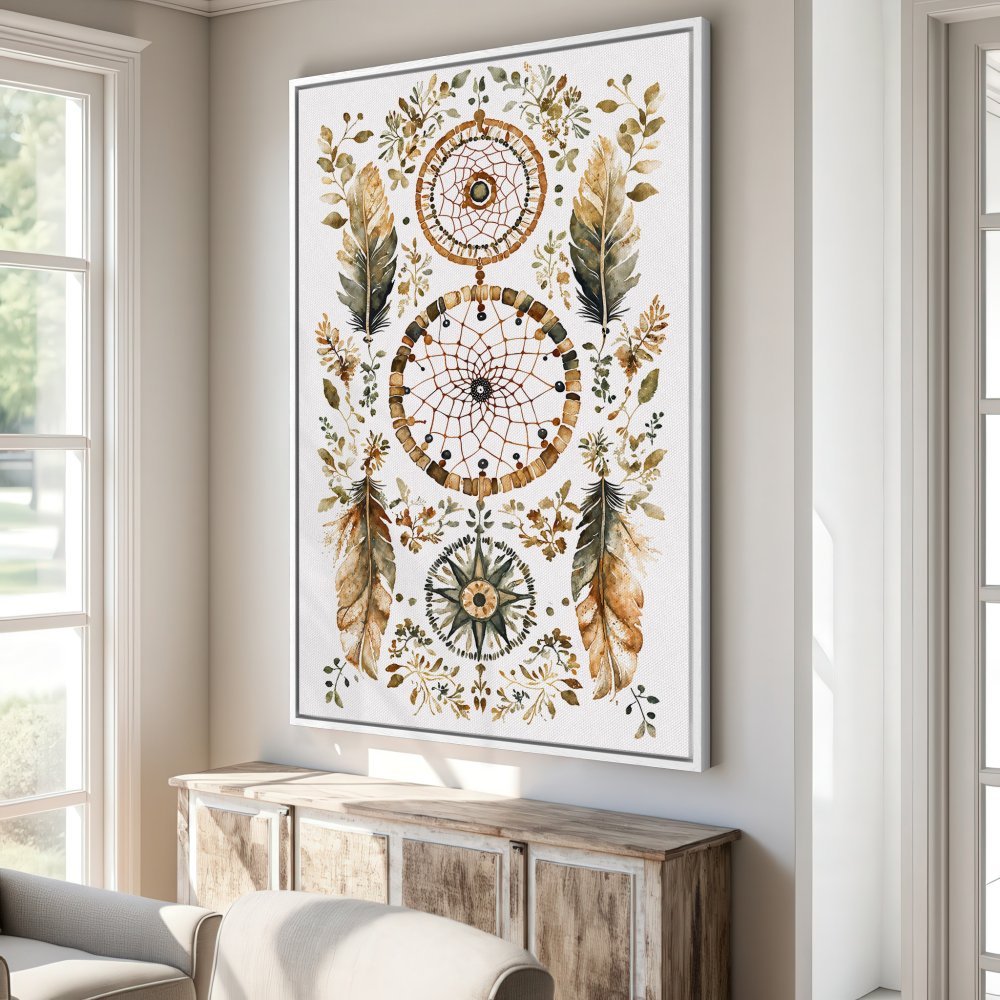 Canvas Print: Watercolor dreamcatcher art in neutral tones. Boho wall decor for a calming, stylish interior.