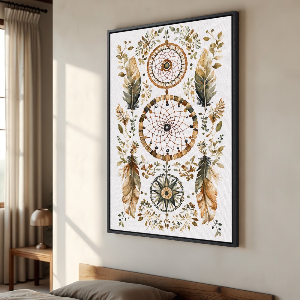 Framed Wall Art: Watercolor dreamcatcher print in earthy tones. Boho style canvas print for bedroom decor.