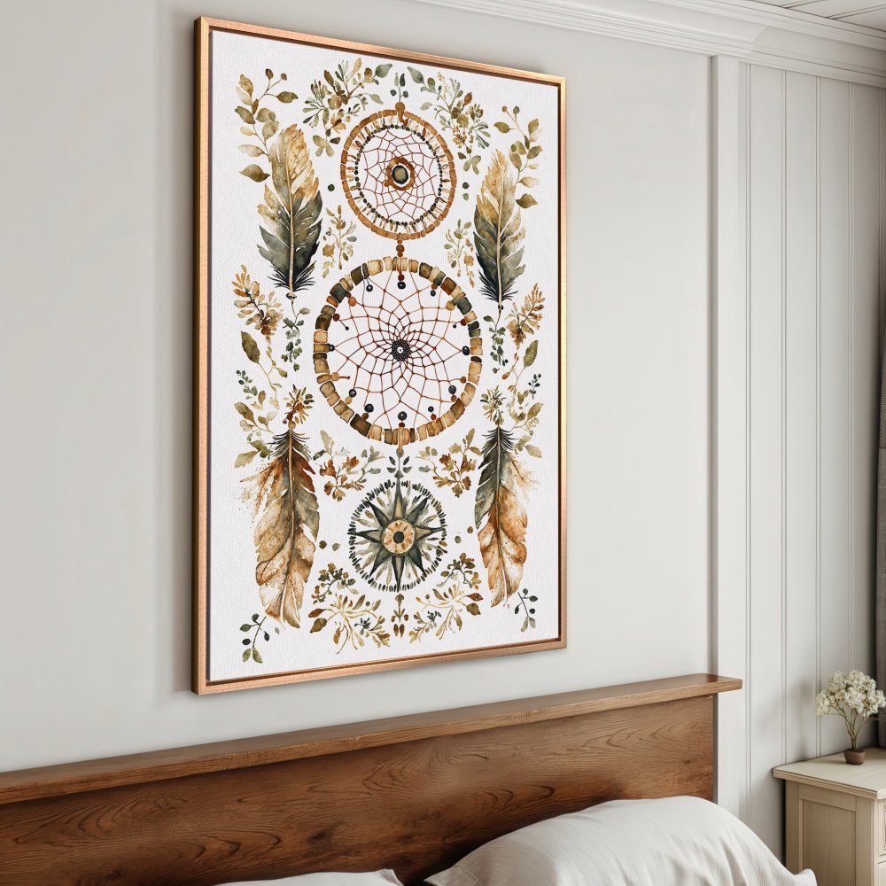 Framed Wall Art featuring a watercolor dreamcatcher design in earthy tones. Boho style canvas print adds a touch of tranquility to any space.