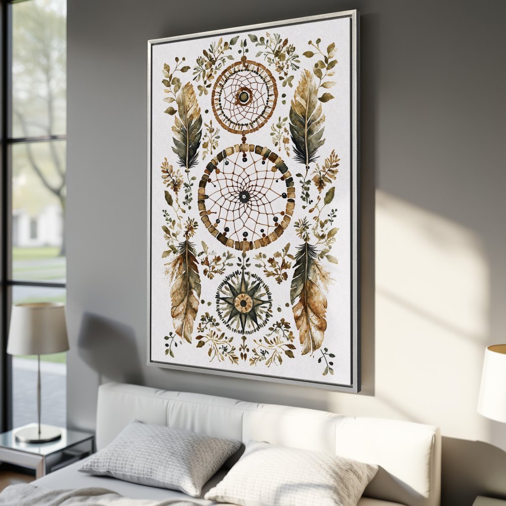 Framed Wall Art: Watercolor dreamcatcher print in earthy tones. Boho style canvas art perfect for bedroom decor.