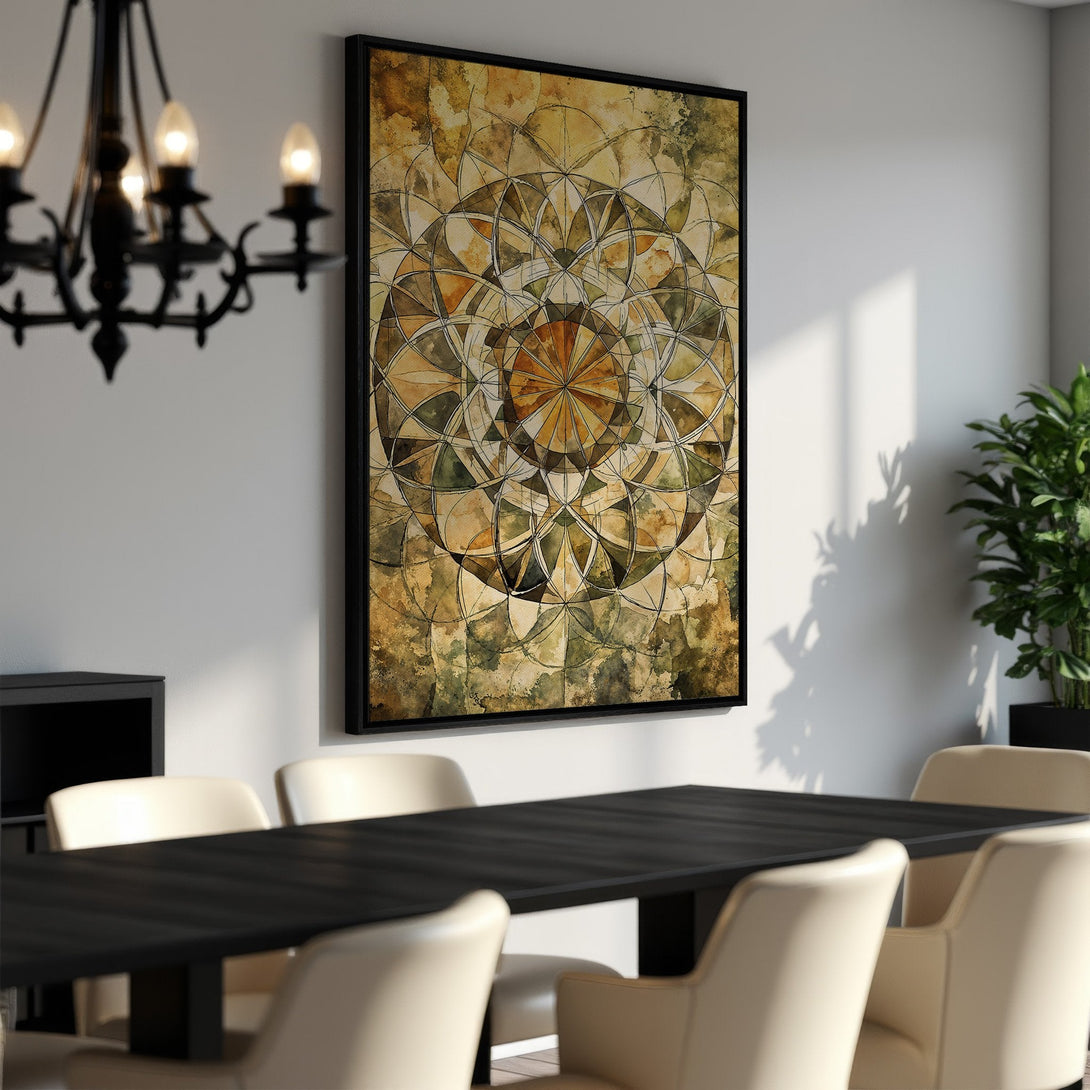 Framed Wall Art: Abstract geometric design in warm earth tones. Adds a touch of modern elegance to any dining room. Shop now!