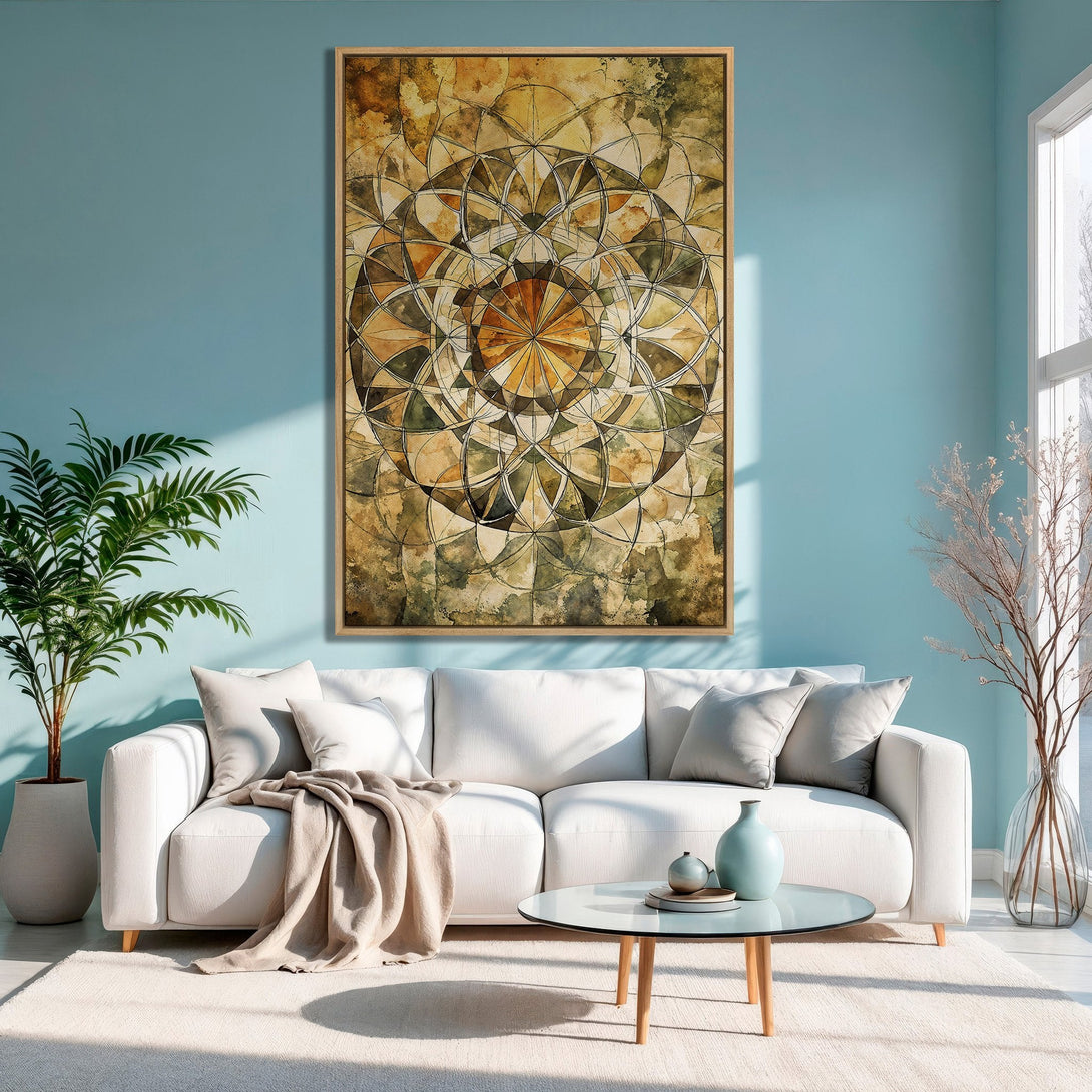 Framed Wall Art featuring a geometric mandala design in earthy tones. Perfect for adding a touch of bohemian style to your living room.