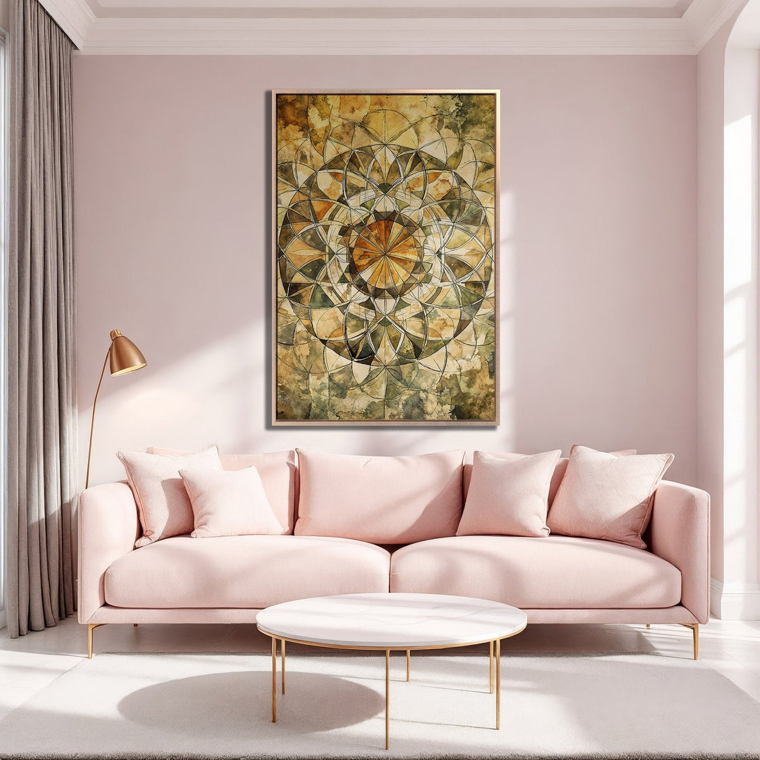 Framed Wall Art featuring a geometric abstract design in warm earth tones. Perfect for adding style to your living room.