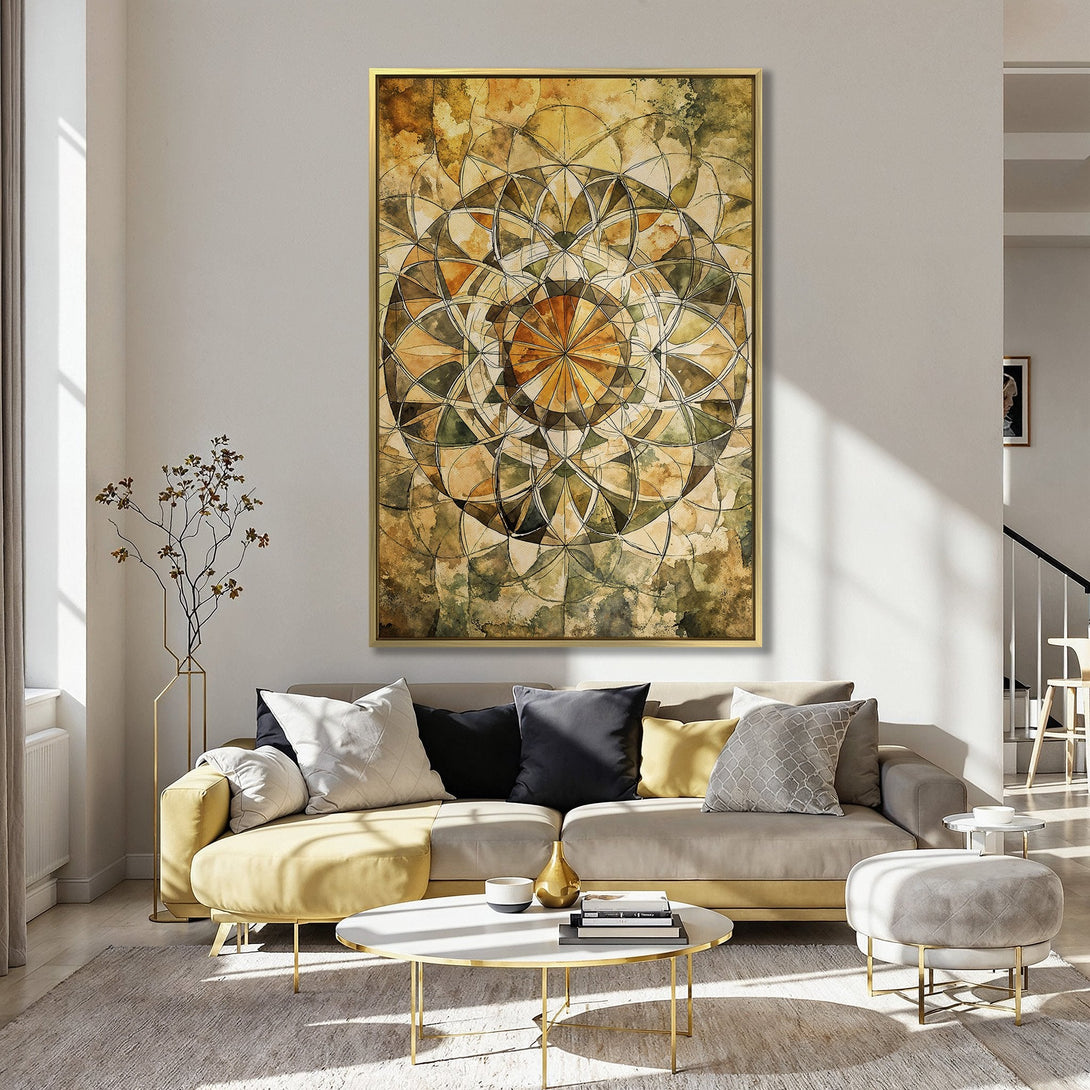 Canvas Print of a geometric watercolor design in warm earth tones. Adds artistic flair to any interior.