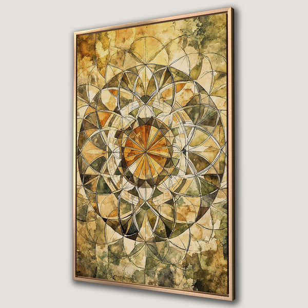 Framed Wall Art featuring a geometric watercolor design in warm earth tones. Perfect for adding a touch of modern art to your home decor.