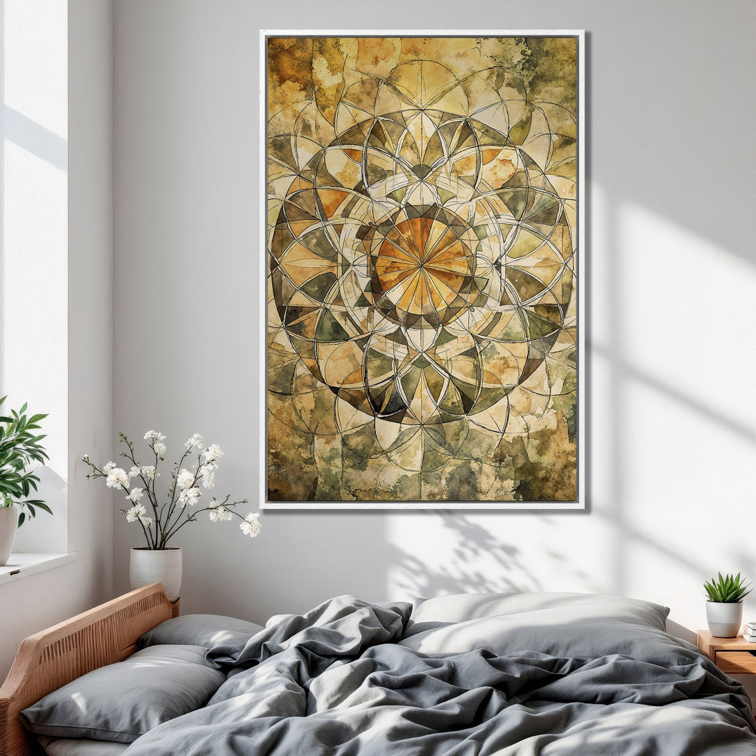 Framed Wall Art: Abstract geometric design in warm earth tones. Adds a touch of zen to any bedroom. Perfect for modern home decor.