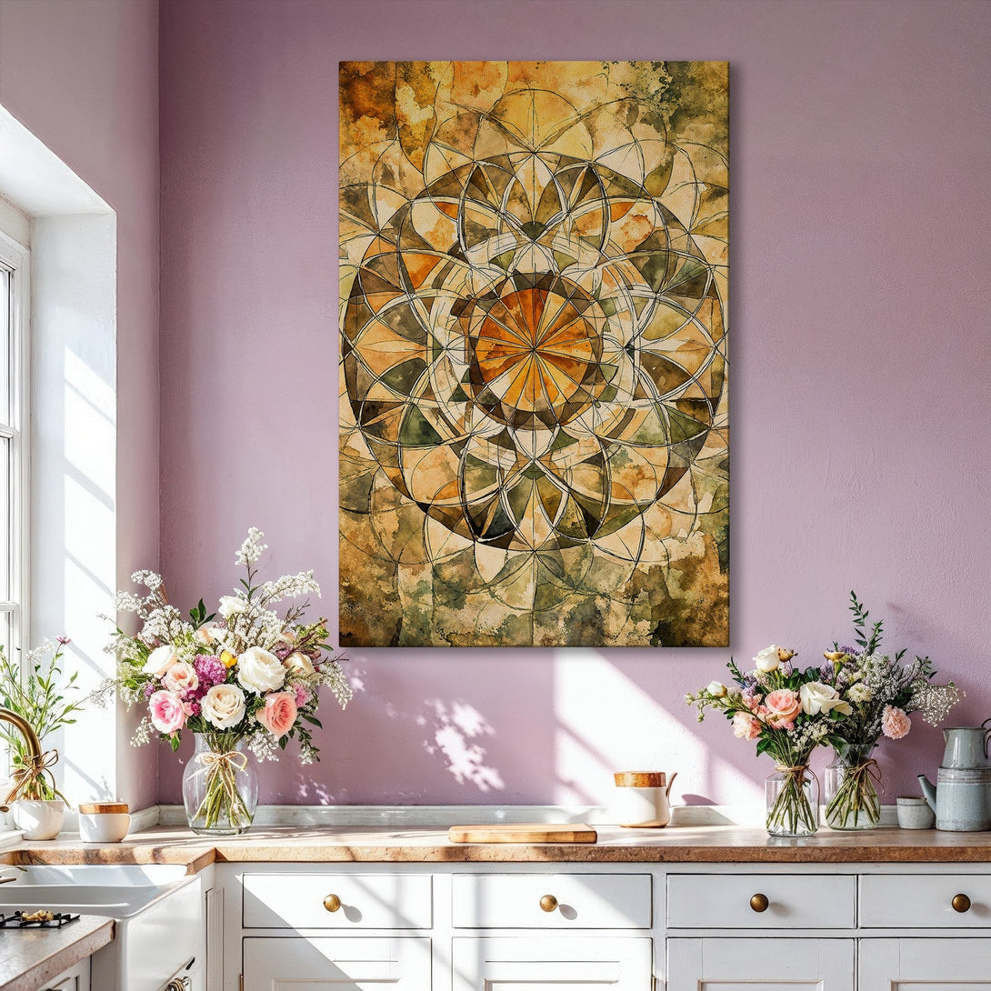 Framed Wall Art featuring an abstract geometric design in warm earth tones. Perfect for living room decor, this Canvas Print adds a touch of modern elegance.