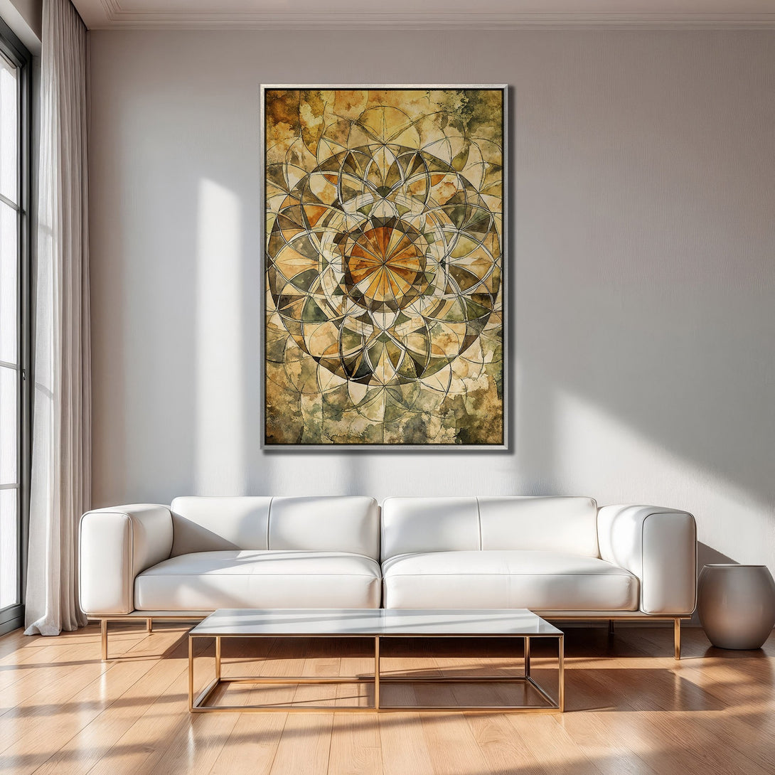 Framed Wall Art: Abstract geometric design in warm earth tones. Adds a touch of modern art to any living room. Shop now!