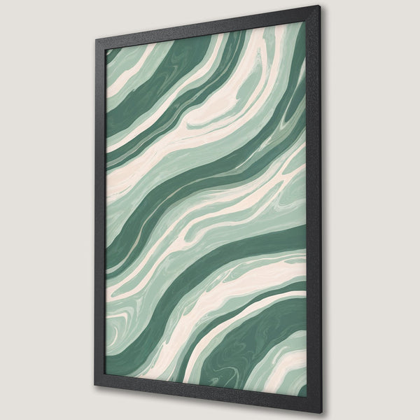 Framed Poster featuring abstract green and cream swirl design. Modern art print for home decor, perfect for a calming aesthetic.