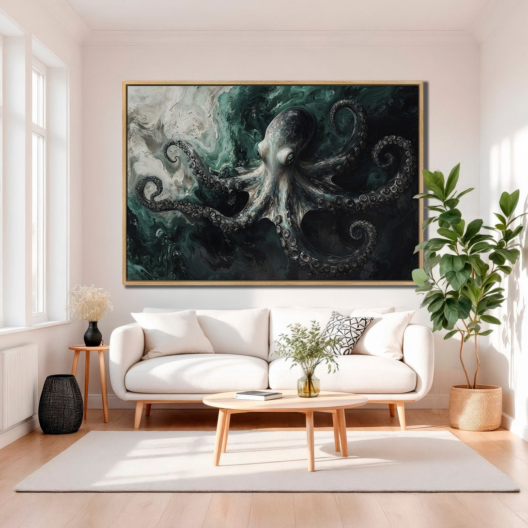 Framed Wall Art featuring a striking octopus in a dark teal and gray color palette, displayed in a modern living room. Elevate your space with this captivating artwork!