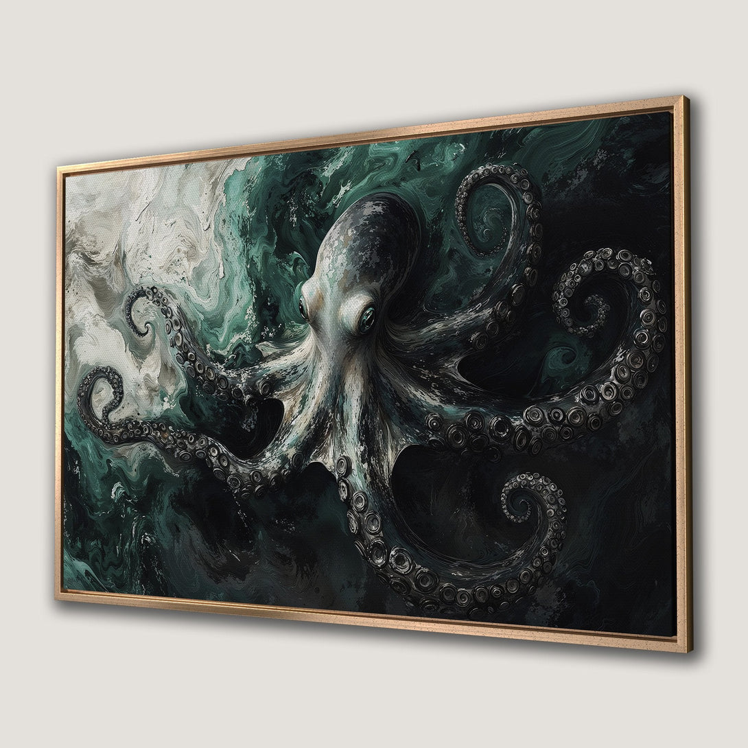 Framed Wall Art: Stunning octopus painting in teal and grey tones. Modern abstract style Canvas Print adds a captivating focal point to any room.